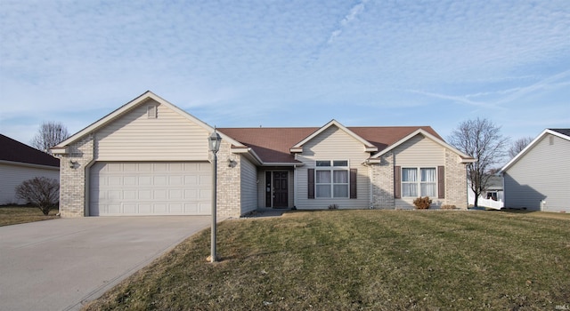 ranch-style home with a garage and a front yard