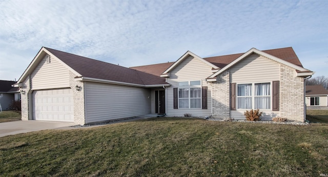 ranch-style home featuring a garage and a front yard