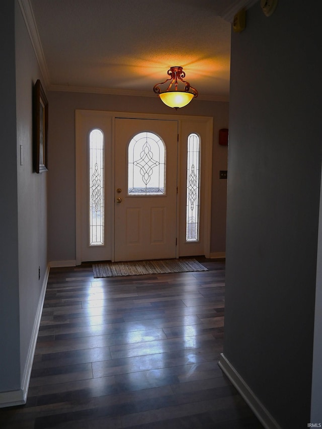 entrance foyer with ornamental molding and dark hardwood / wood-style floors