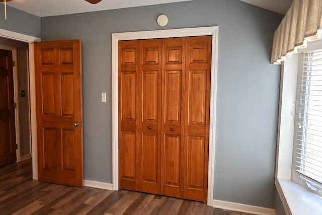 unfurnished bedroom with multiple windows, dark hardwood / wood-style flooring, and a closet