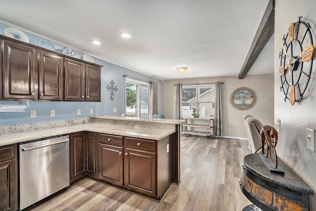 kitchen with dark brown cabinetry, light stone counters, light hardwood / wood-style flooring, and dishwasher