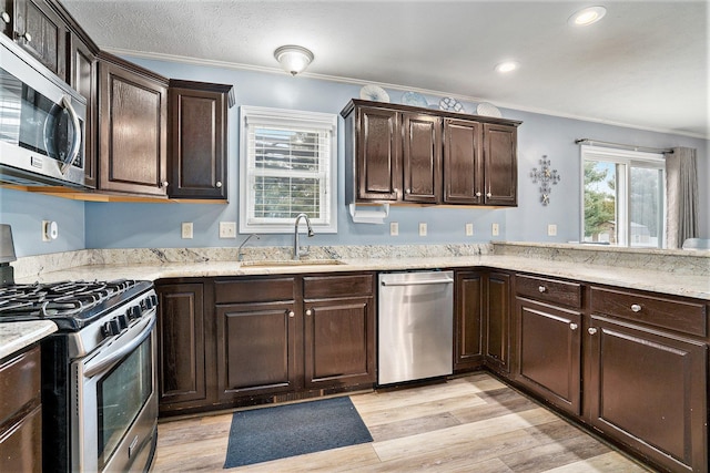 kitchen with stainless steel appliances, dark brown cabinets, sink, and light hardwood / wood-style flooring