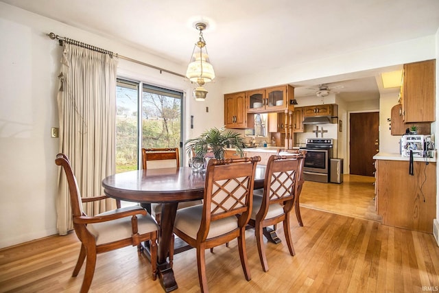 dining space featuring ceiling fan and light wood-type flooring