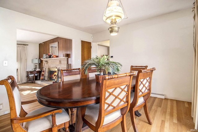 dining room with light hardwood / wood-style floors and a baseboard heating unit