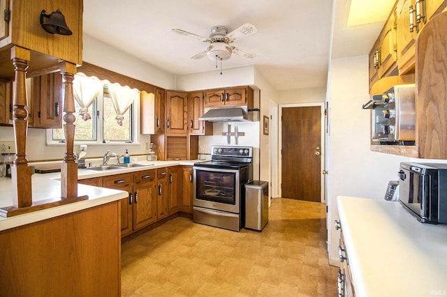 kitchen with sink, ceiling fan, and stainless steel range with electric stovetop