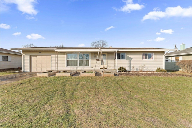 single story home with a garage and a front lawn