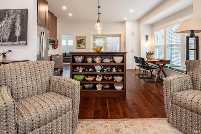 living room featuring dark wood-type flooring and a wealth of natural light