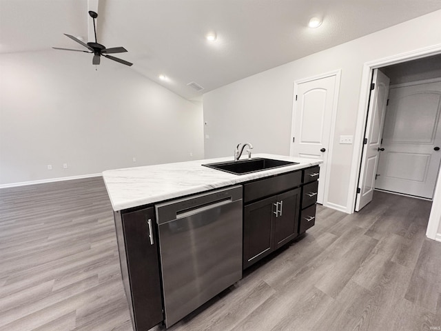 14812 Verona Lakes Psge, Fort Wayne, IN 46814 - kitchen featuring stainless steel dishwasher, a sink, a ceiling fan, light wood-style flooring, and light countertops