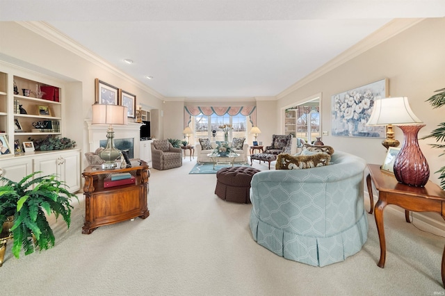 carpeted living room with ornamental molding