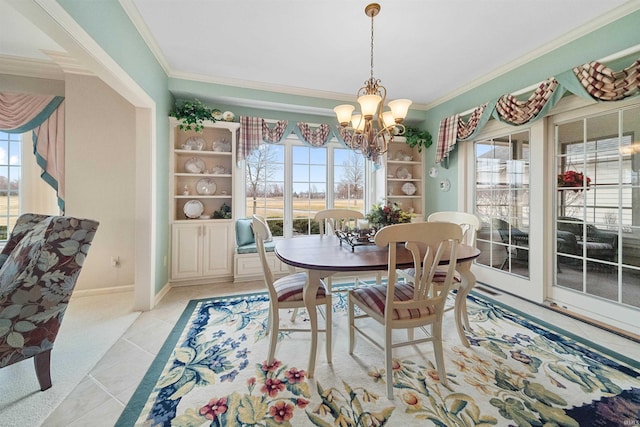 tiled dining space featuring an inviting chandelier and ornamental molding