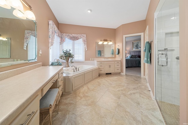 bathroom featuring vanity and plus walk in shower