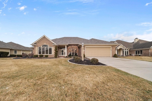 ranch-style home with a garage and a front yard