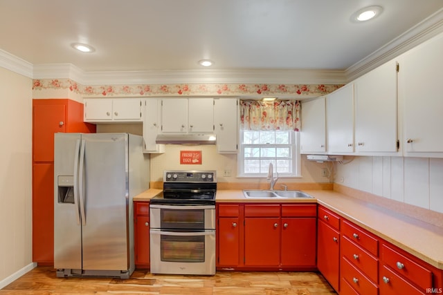 kitchen featuring sink, light hardwood / wood-style flooring, white cabinets, and appliances with stainless steel finishes