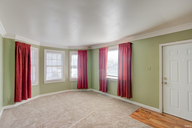 carpeted empty room featuring crown molding