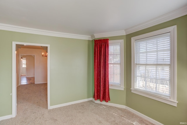 carpeted spare room featuring crown molding