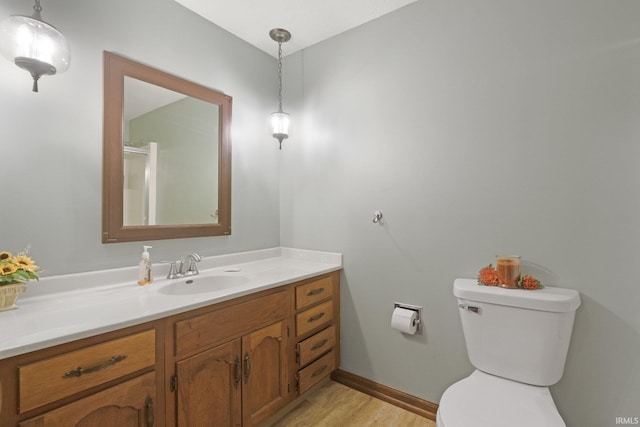 bathroom with vanity, wood-type flooring, and toilet