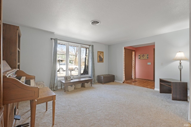 sitting room featuring light colored carpet and a textured ceiling