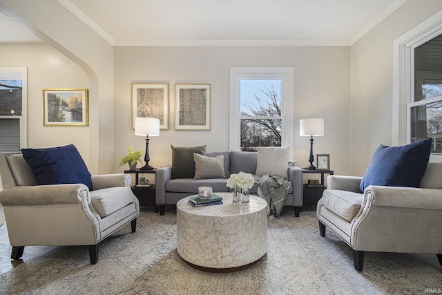 living room with crown molding