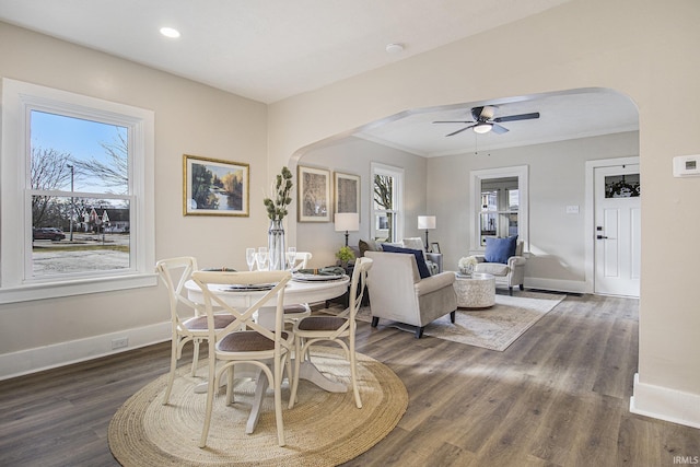 dining area with dark hardwood / wood-style flooring, ornamental molding, and ceiling fan