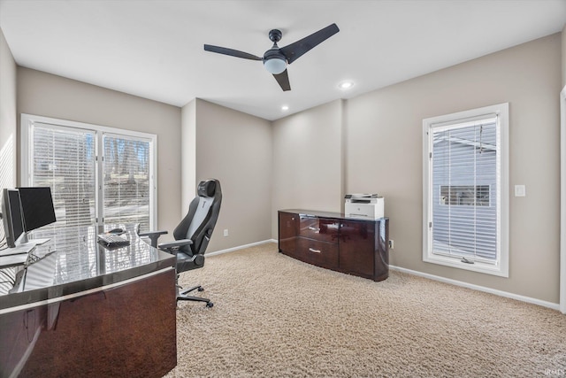 office area featuring ceiling fan and carpet flooring