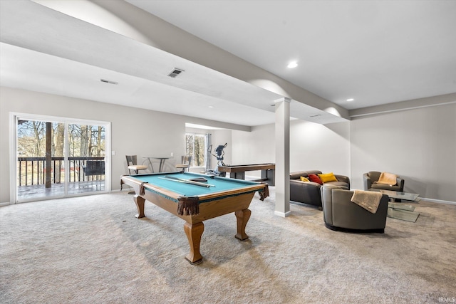 playroom with pool table, plenty of natural light, and light colored carpet