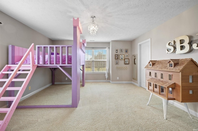 unfurnished bedroom with carpet flooring, a notable chandelier, and a textured ceiling