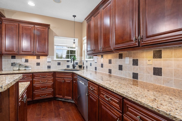 kitchen with decorative light fixtures, sink, backsplash, dark hardwood / wood-style flooring, and stainless steel dishwasher