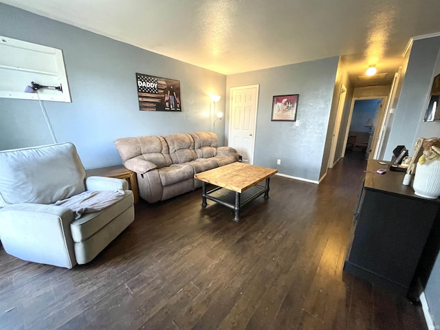 living room with dark hardwood / wood-style flooring