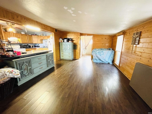 kitchen featuring hardwood / wood-style floors, light brown cabinets, and wood walls