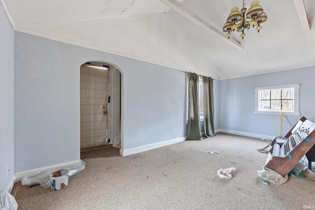 interior space with an inviting chandelier and lofted ceiling