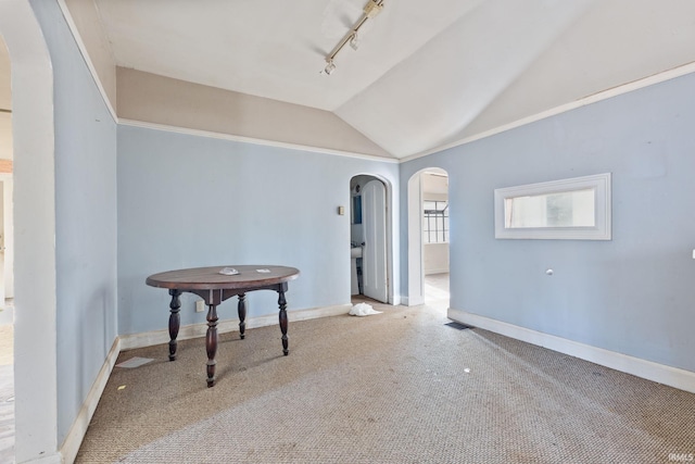 unfurnished room featuring vaulted ceiling, rail lighting, and carpet flooring