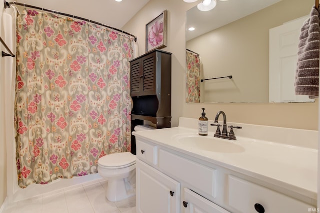 full bathroom with tile patterned flooring, vanity, shower / bath combo, and toilet