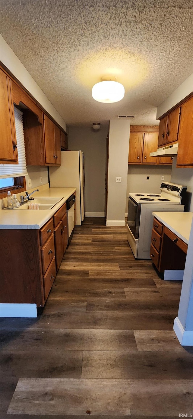 kitchen with dishwasher, sink, white electric range, and dark hardwood / wood-style flooring