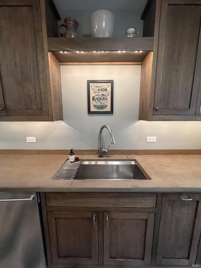 kitchen featuring sink, dark brown cabinets, and stainless steel dishwasher