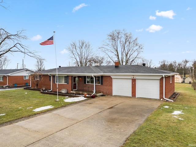 ranch-style home with a garage, a porch, and a front yard