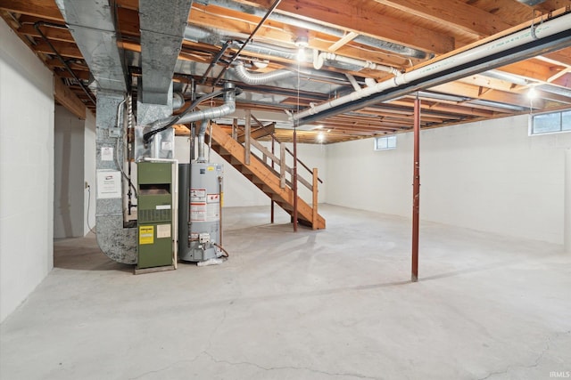 basement with heating unit and gas water heater