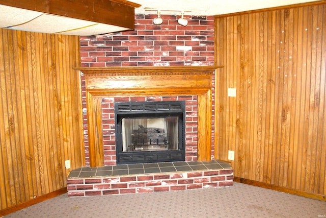 interior details with a brick fireplace, carpet floors, and wooden walls