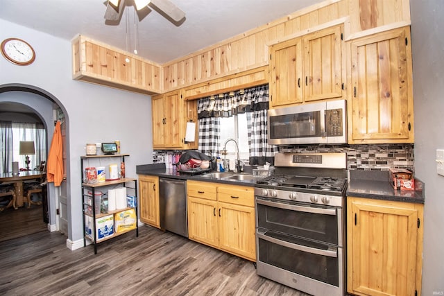 kitchen featuring dark hardwood / wood-style floors, tasteful backsplash, sink, ceiling fan, and stainless steel appliances