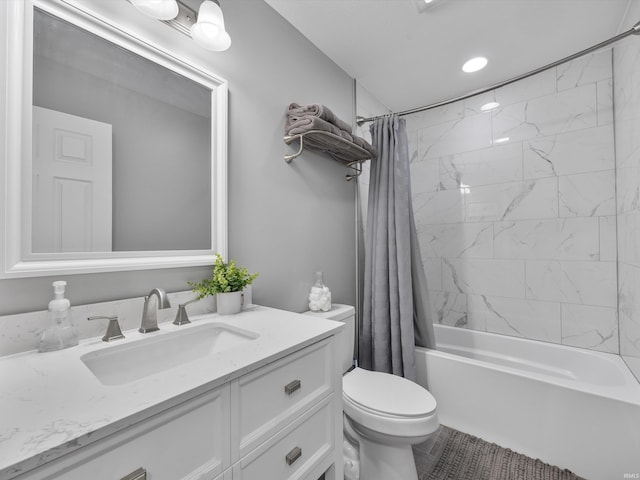 full bathroom with shower / tub combo with curtain, vanity, toilet, and tile patterned floors