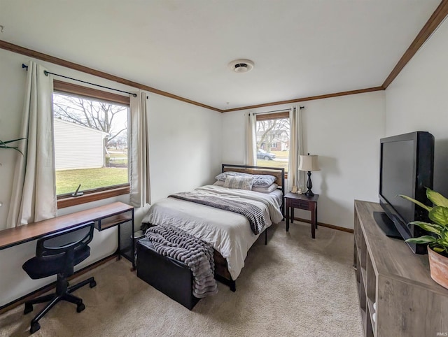 carpeted bedroom featuring ornamental molding