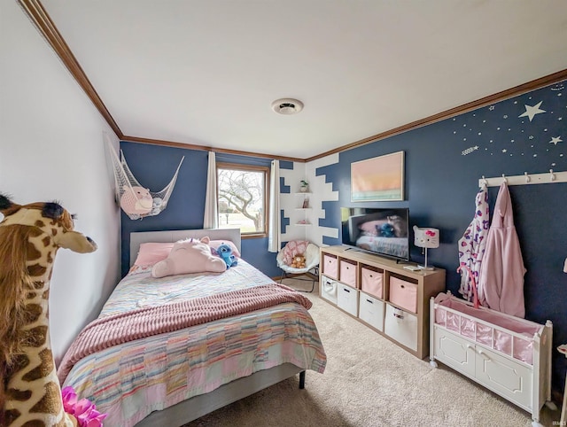 bedroom featuring ornamental molding and carpet flooring