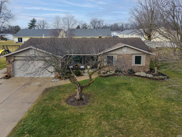 single story home with a garage and a front lawn