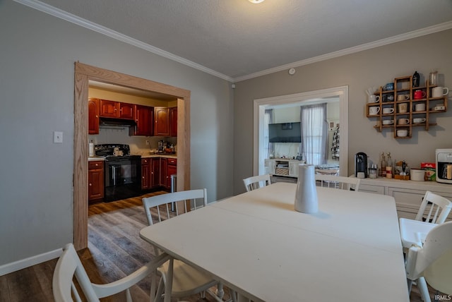 dining area with crown molding, dark hardwood / wood-style flooring, and a textured ceiling