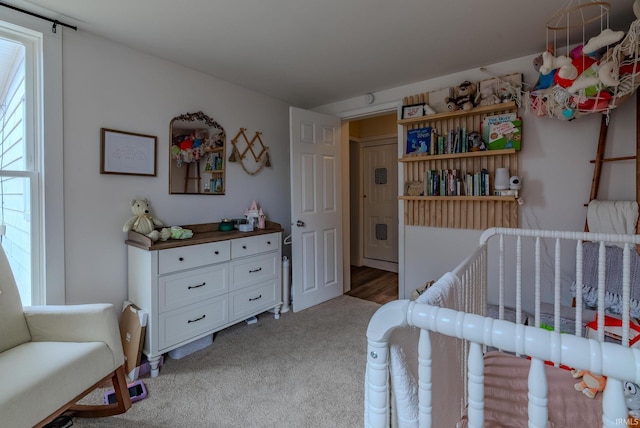 bedroom with light carpet