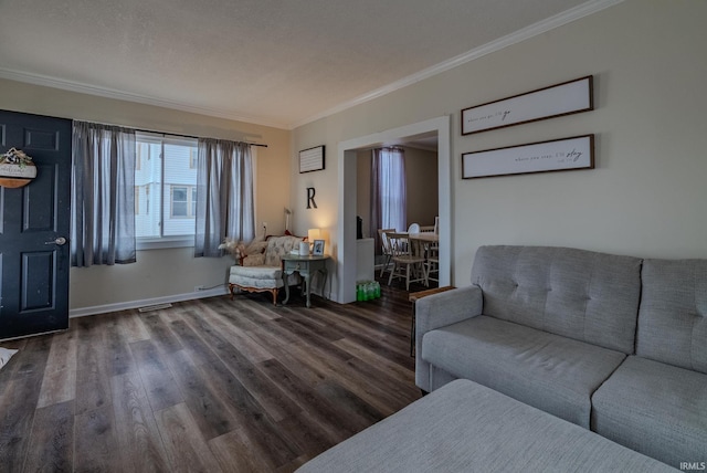 unfurnished living room featuring crown molding and dark hardwood / wood-style floors