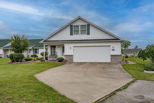 view of front of home featuring a garage, a front lawn, and a porch