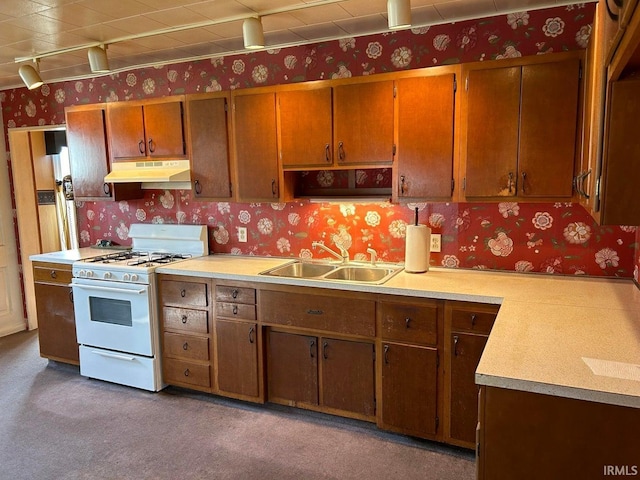 kitchen with rail lighting, sink, and gas range gas stove