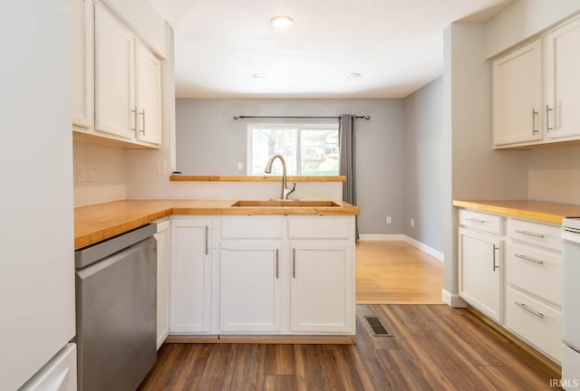 kitchen featuring dark hardwood / wood-style flooring, sink, white cabinets, and dishwasher