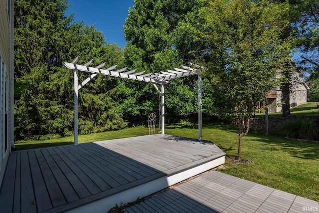 deck with a yard and a pergola