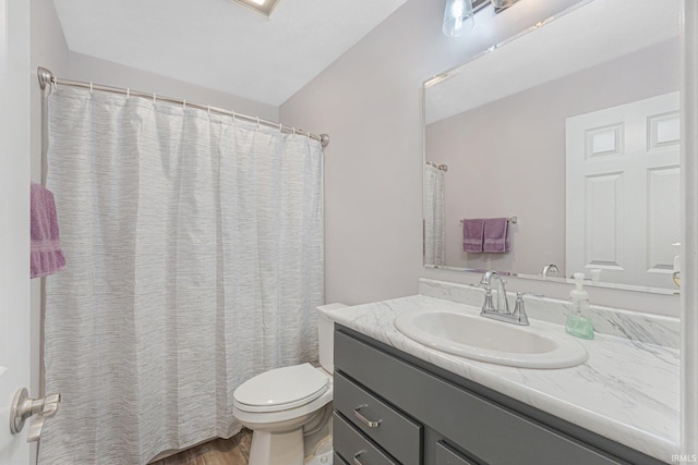 bathroom featuring vanity, hardwood / wood-style flooring, and toilet